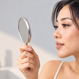 Woman inspecting lash extensions for application issues