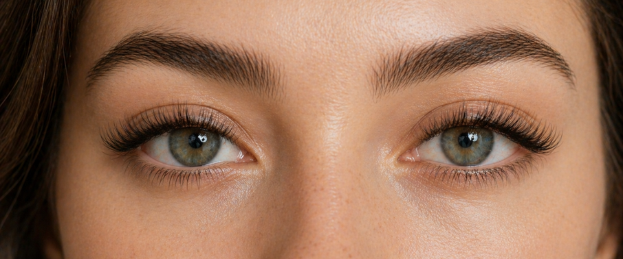 Close-up of a woman’s eyes with soft, natural lash extensions in warm diffused light