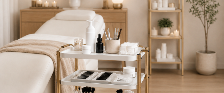 Professional lash salon setup including treatment bed, lash supplies, and clean beauty salon space