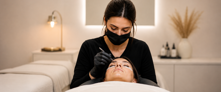 Professional eyelash extension application by a certified lash technician in a luxury beauty salon.