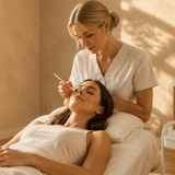 Lash technician inspecting client's freshly cleansed lashes