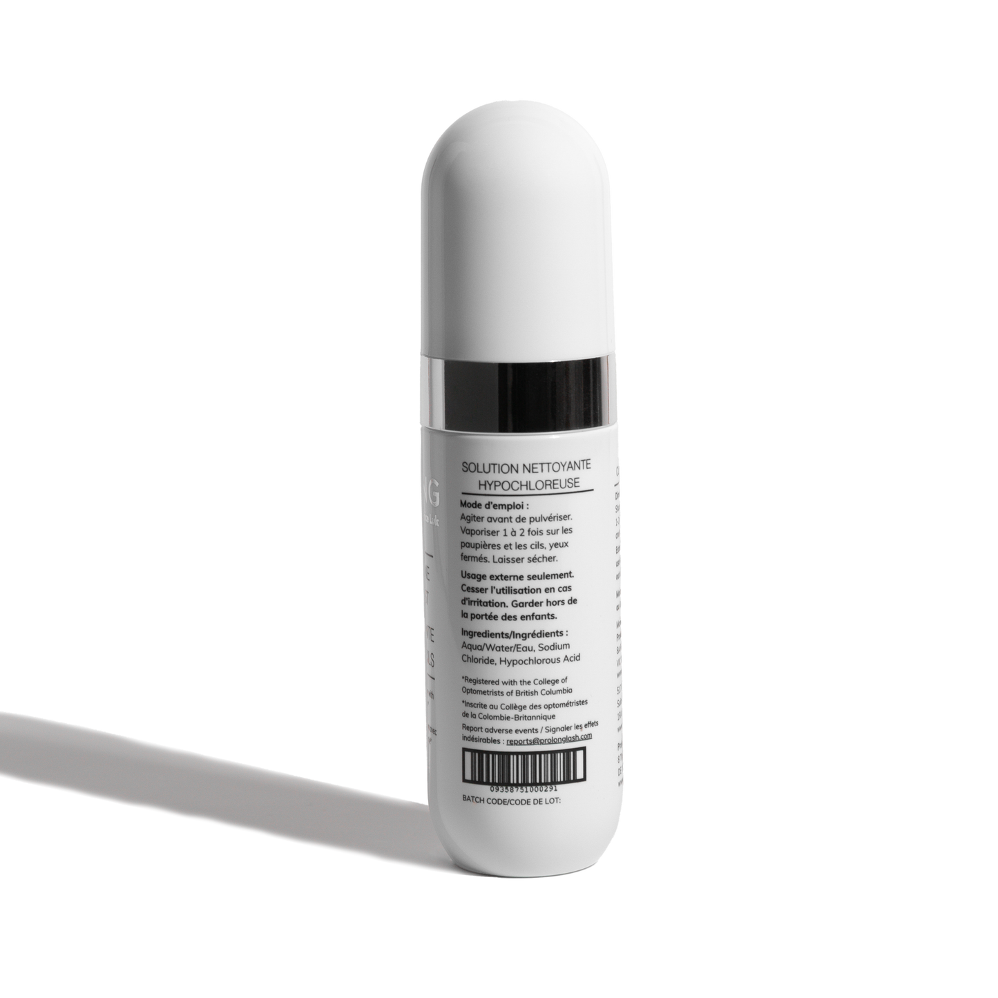 A white cylindrical r bottle with a silver band and black text on the label, shown from the back against a clean white background with a soft shadow.