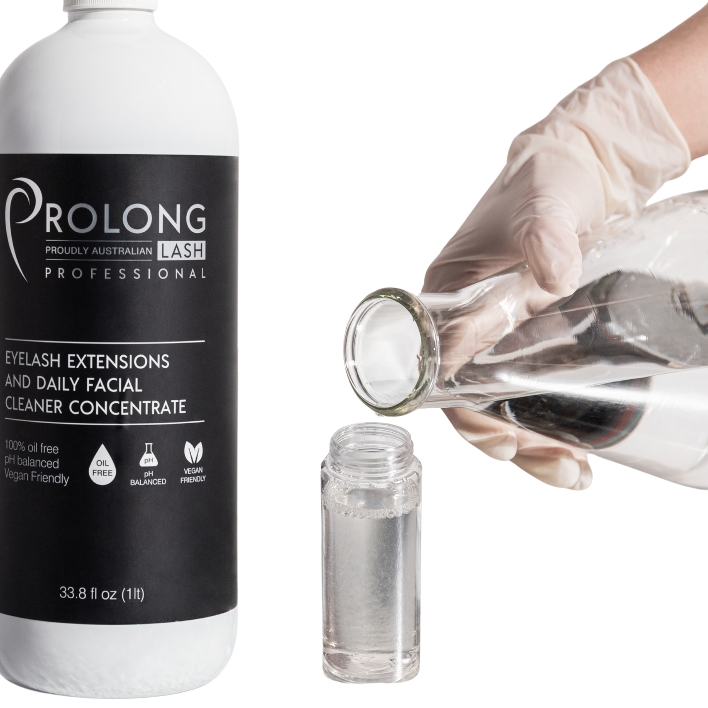 Prolong Lash Professional eyelash extensions and daily facial cleaner concentrate with a gloved hand holding a smaller bottle.