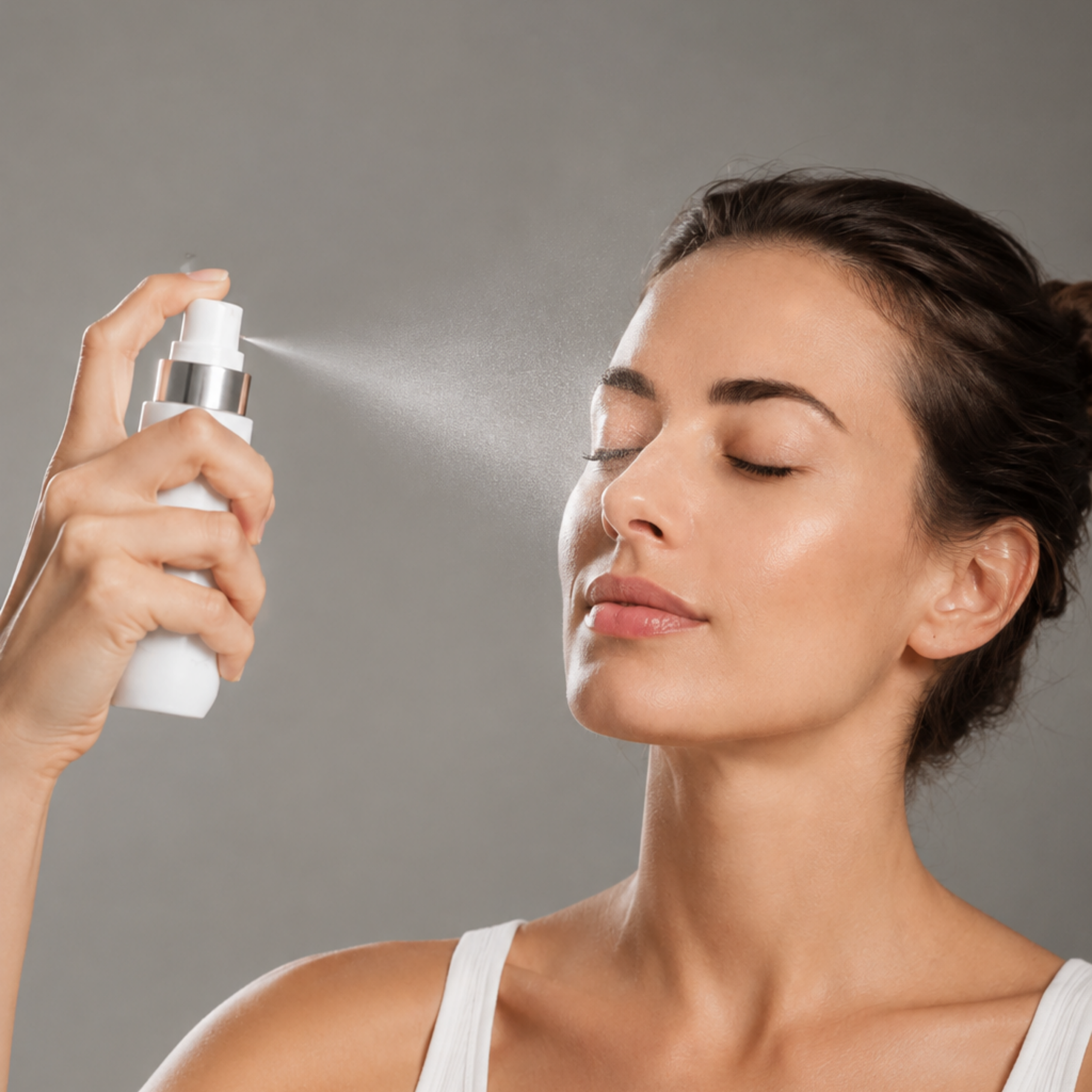 A woman with closed eyes holds a white spray bottle and sprays a fine mist toward her face against a plain gray background.