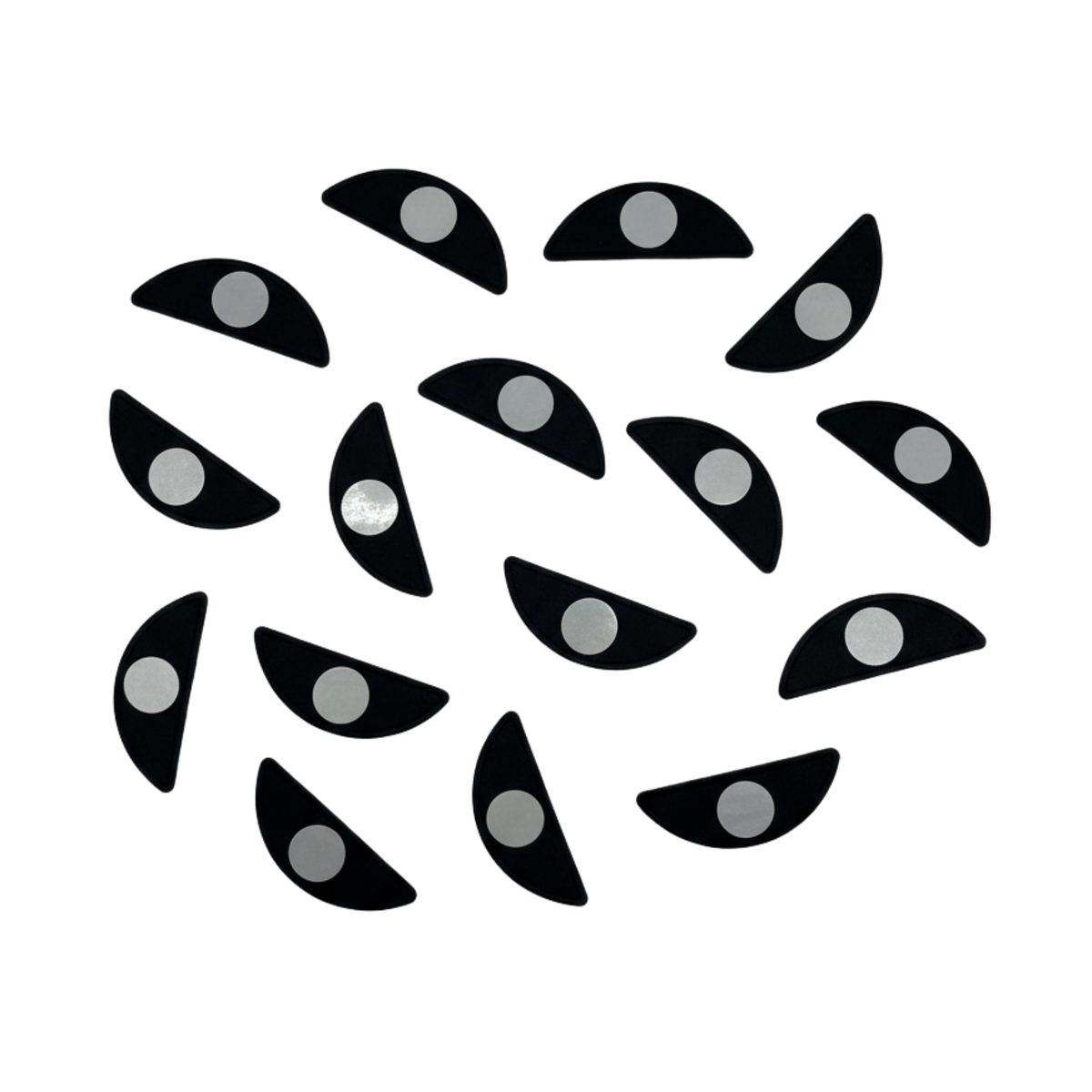 12 black prolong x flutterstop gel pads showing underside with weighted stainless steal disc