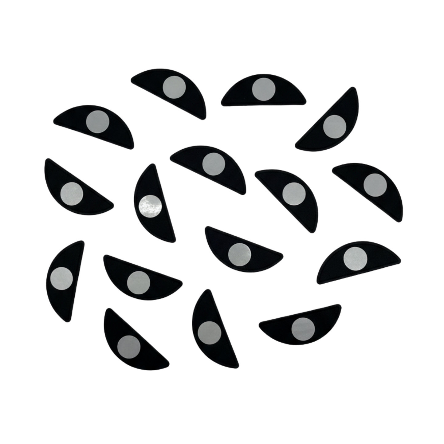 12 black prolong x flutterstop gel pads showing underside with weighted stainless steal disc