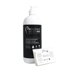 A large white pump bottle of Prolong Lab Professional Eyelash Extensions and Daily Facial Cleaner Concentrate, shown alongside a Prolong Lash Retail Labels