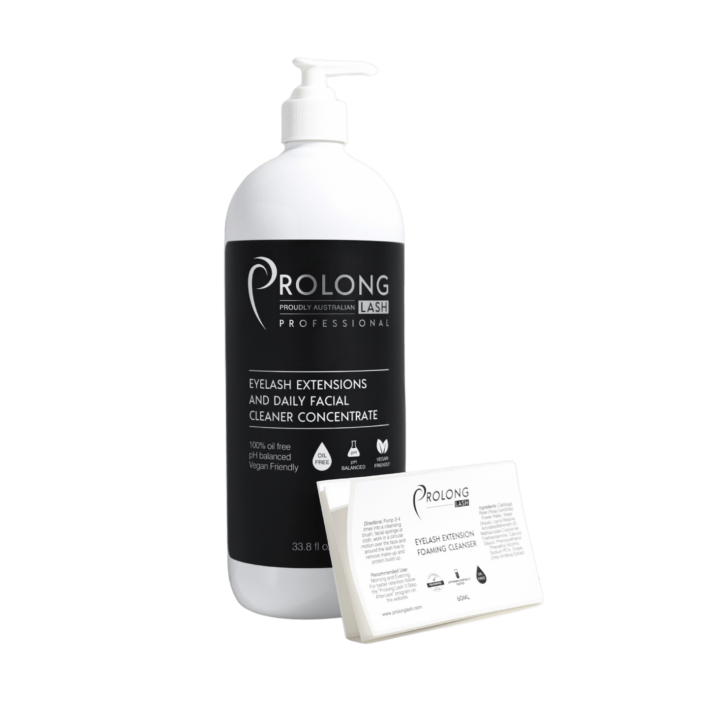 A large white pump bottle of Prolong Lab Professional Eyelash Extensions and Daily Facial Cleaner Concentrate, shown alongside a Prolong Lash Retail Labels