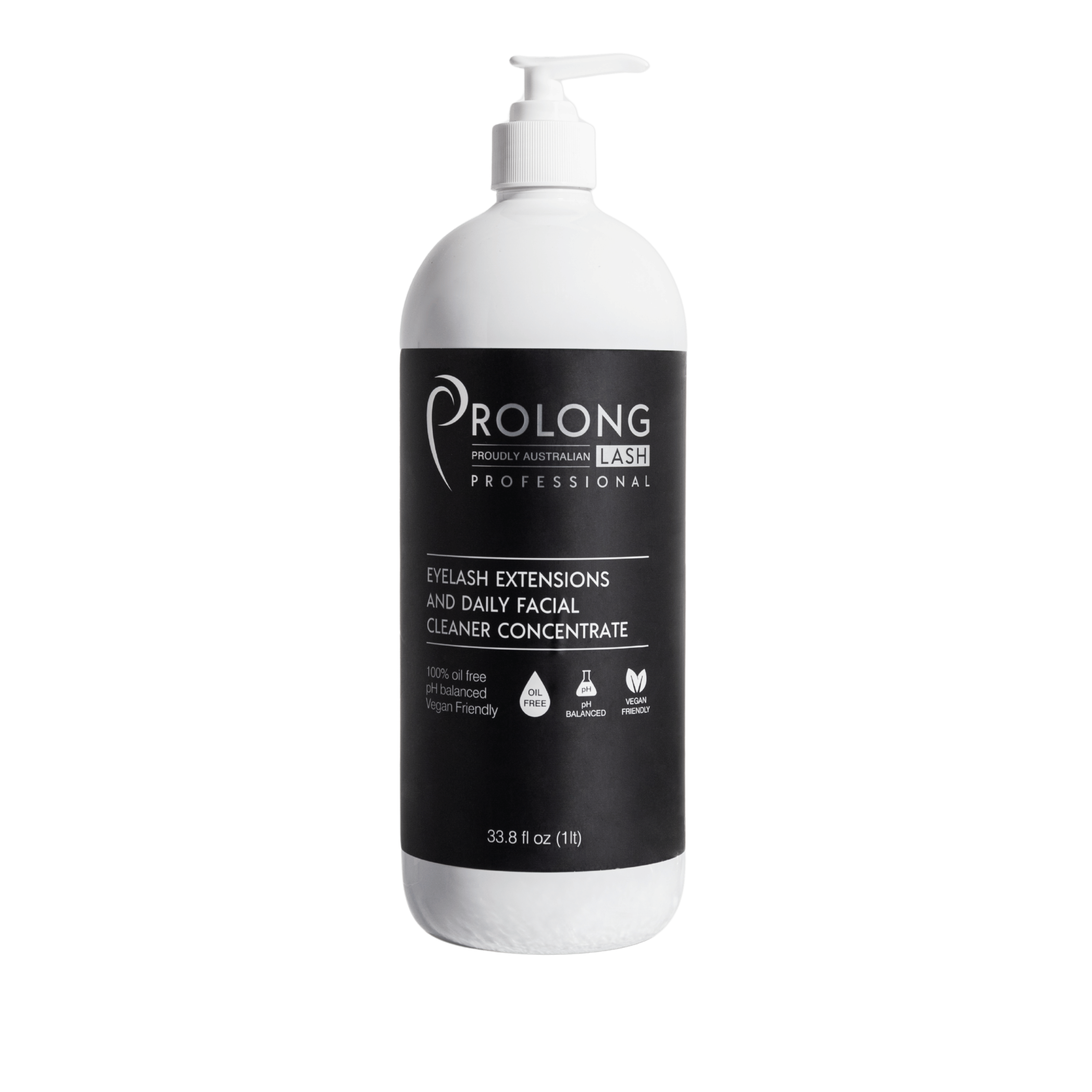 A 33.8 fl oz white pump bottle of Prolong Professional eyelash extensions and facial cleaner concentrate, featuring a black label with white text, on a solid white background.