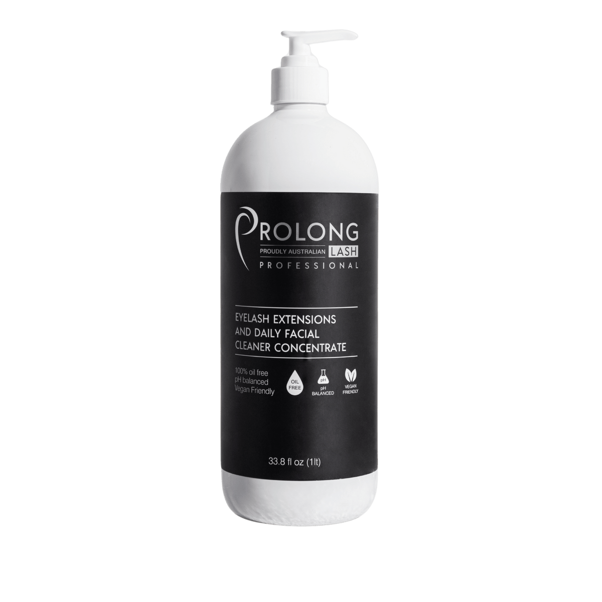 A 33.8 fl oz white pump bottle of Prolong Professional eyelash extensions and facial cleaner concentrate, featuring a black label with white text, on a solid white background.