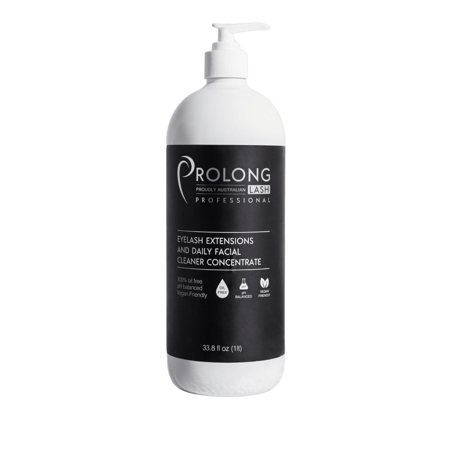 A 33.8 fl oz white pump bottle of Prolong Professional eyelash extensions and facial cleaner concentrate, featuring a black label with white text, on a solid white background.