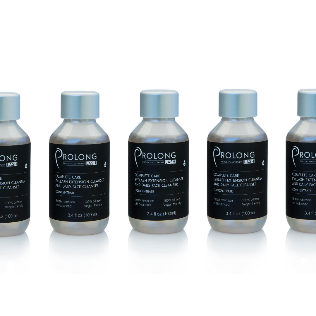 A series of five small bottles labeled 'Prolong Lash Cleanser Concentrate', each bottle is 100ml in size.